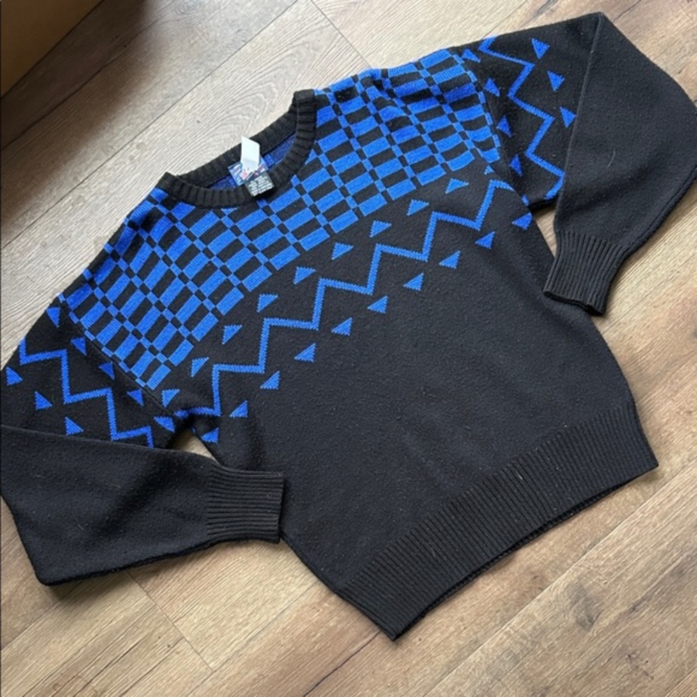 Herman’s Vintage Wool Black and Blue Geometric Sweater  ! Small
